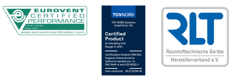 Logotypy certyfikatów zapewnienia jakości Daikin AHU