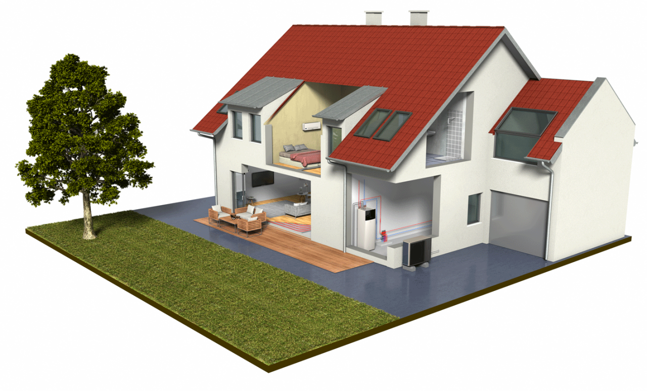 Ilustracja wnętrza domu z zainstalowanymi trzema jednostkami wewnętrznymi i jedną jednostką zewnętrzną Daikin.