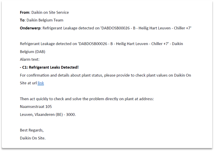 Rysunek 4: Powiadomienie o alarmie przez wiadomość e-mail z Daikin on Site do zespołu Daikin